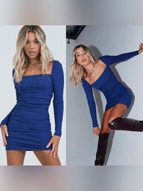 Princess Polly Blue Ruched Bodycon Mini Dress US 6